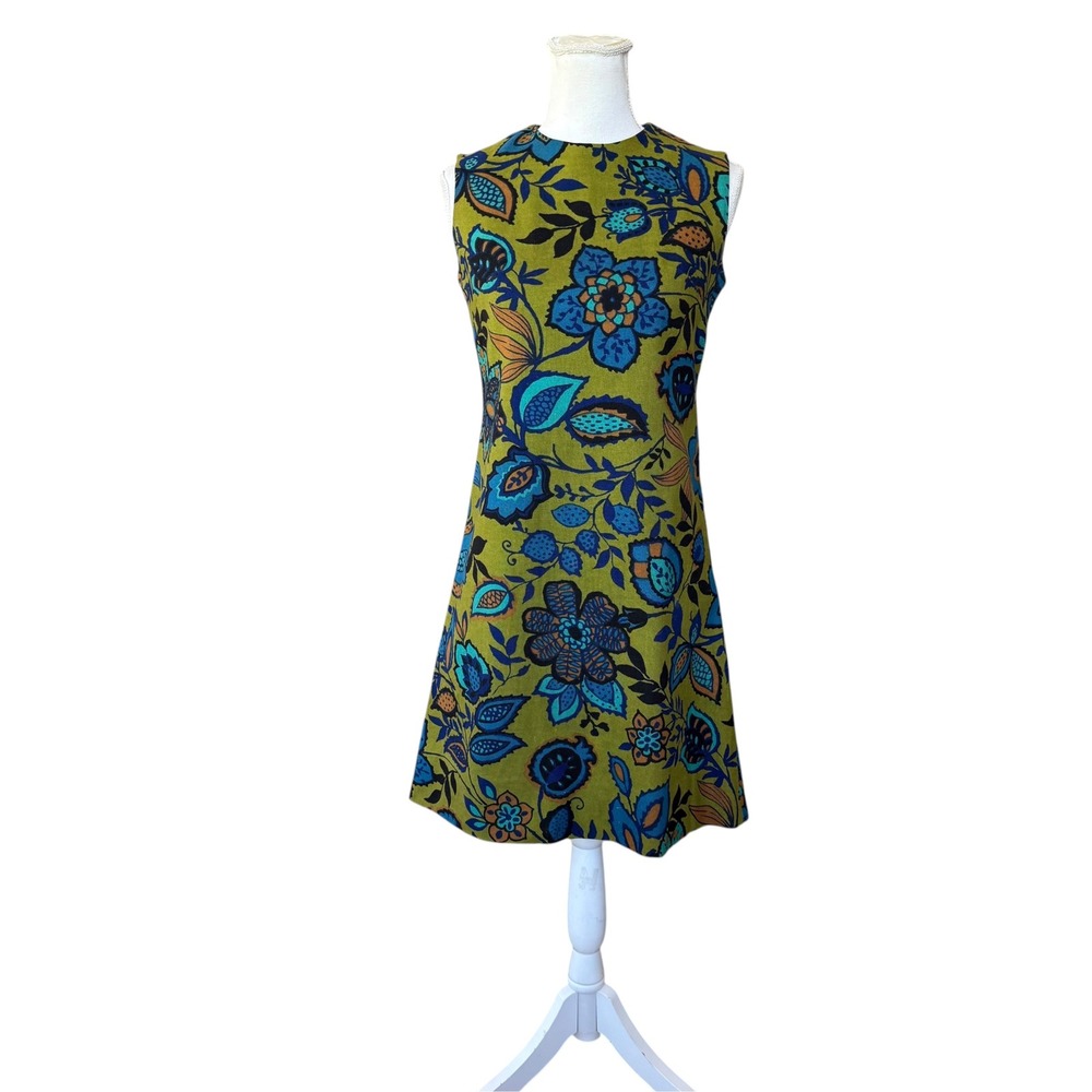 Vintage Everfast Fabrics Floral Shift Dress Green Blue Sleeveless Mod Retro 60s